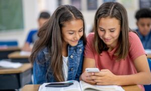 duas alunas sorrindo e olhando para um celular durante uma atividade na sala de aula.
